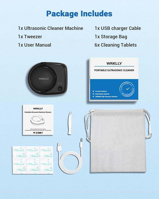 Rechargeable Ultrasonic Retainer Cleaner Machine | 50kHz 1.9 inch Ultra-Thin Portable | Night Guard Aligners Jewelry |6pcs Cleaner Tablets Included | Quick & Deep Clean Modes | Oral Dental Care