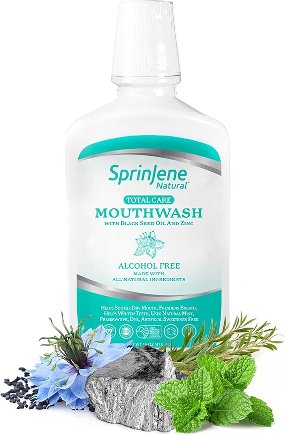 SprinJene Alcohol Free Mouthwash with Xylitol – Fluoride Free Natural Mouthwash for Dry Mouth, Whitening & Fresh Breath – Patented Black Seed Oil & Zinc Formula – Vegan & Made in The USA (1 Pack)