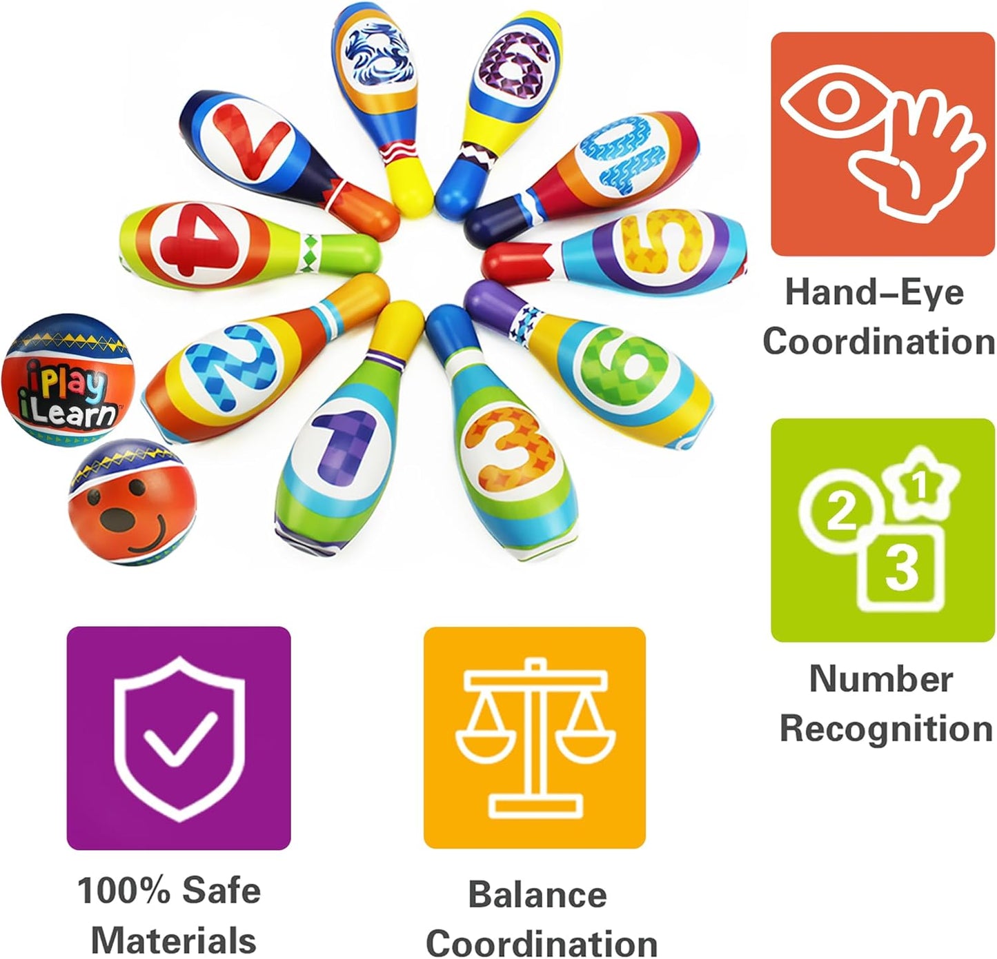 iPlay, iLearn Kids Bowling Toys Set, Toddler Indoor Outdoor Activity Play Game, Soft 10 Foam Pins & Two Balls Playset, Educational, Birthday Party Gift for 18 24 Months, 2 3 Year Old Children Boy Girl