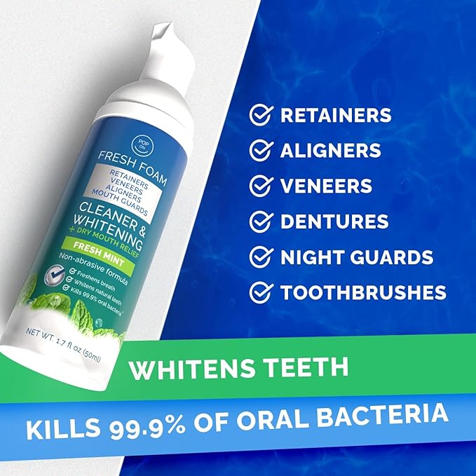 Aligner & Retainer Cleaner Foam – Dry Mouth Relief, Compatible with Invisalign, Aligners, Retainers, Mouth Guards, Night Guards, Veneers, Whitens, Freshens, 3% Hydrogen Peroxide, Mint - 50ml, 2 PC