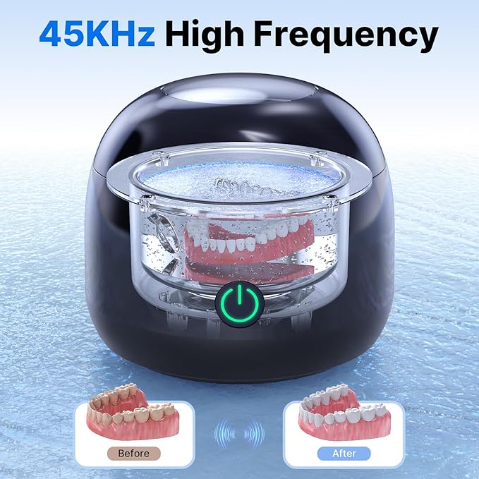 Ultrasonic Retainer Cleaner - UV Dental Cleaning Pod Night Guard Cleaner for Dentures, Aligner, Braces, Toothbrush Heads, Jewelry (Black)