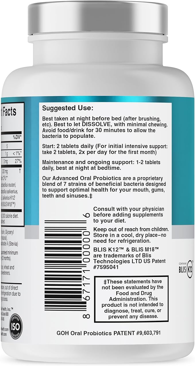 Oral Probiotics for Mouth Bad Breath Treatment for Adults: Dentist Formulated BLIS K12 M18 Advanced Oral Probiotics for Teeth and Gums, 60 Chewable Oral Health Probiotics Supplement Tablets (Mint 3pk)
