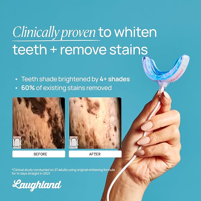 Laughland Gentle Teeth Whitening Kit, Phone-Powered LED Mouthpiece & 3 Whitening Gel Syringes, Sodium Bicarbonate, Aloe Vera & Mint, for Sensitive Teeth, at-Home Dental Care, 6+ Treatments
