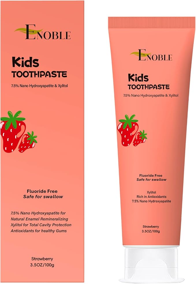 Enoble Kids Toothpaste | Natural Whitening Fluoride-Free Toothpaste for Kids & Adults | 7.5% Nano-Hydroxyapatite, 5% Xylitol, Green Tea & Aloe Vera | Strawberry | Safe if Swallowed | 3.5 oz, Pack of 1