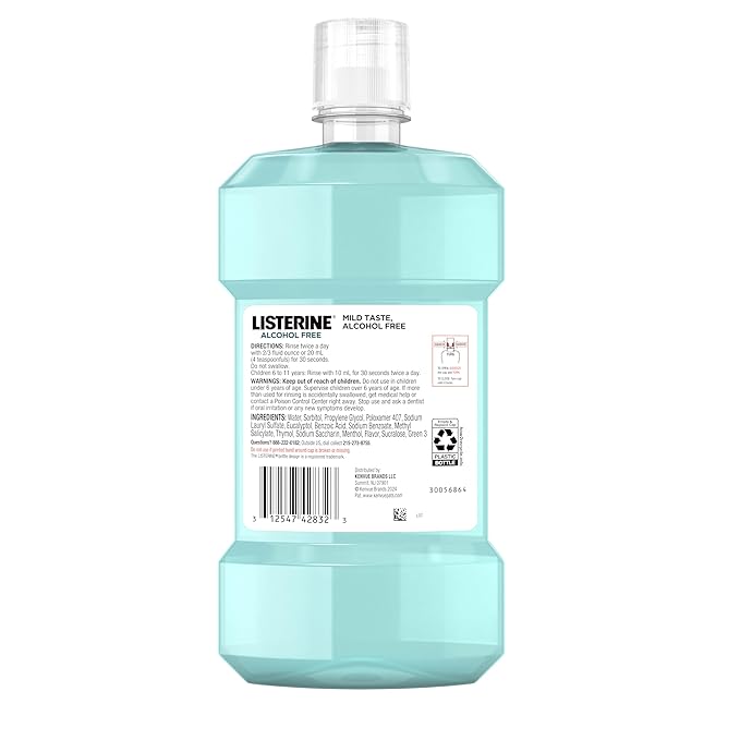 Listerine Cool Mint Alcohol Free Mouthwash, Bad Breath Germ Killing, Bad Breath Treatment Oral Rinse for Adults; Cool Mint Flavor, 500 mL, 6 Pack