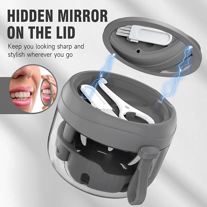 Denture Bath Box Cup, Leak Proof Denture Cup Kit Portable Retainer Case for Travel, Denture Case Cleaning Care for Dentures Aligner Mouth Guard with Denture Brush,Strainer, Removal Tool and Mirror
