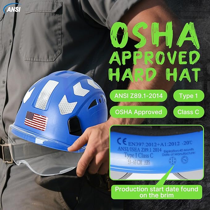 AOLAMEGS Construction Safety Hard Hat - ANSI Z89.1 Type Ι OSHA Approved Safety Helmets with Chin Straps Lightweight Reflective Vented ABS Hard Hats For Men Women Industrial Workwear 6-point Suspension