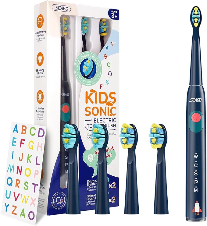 SEAGO Kids Electric Toothbrush, Sonic Soft Bristle Rechargeable Toothbrushes with DIY Stickers, 5 Modes, Includes 4 Replacement Brush Heads, Ages 3 to 12 Years Old (Navy)