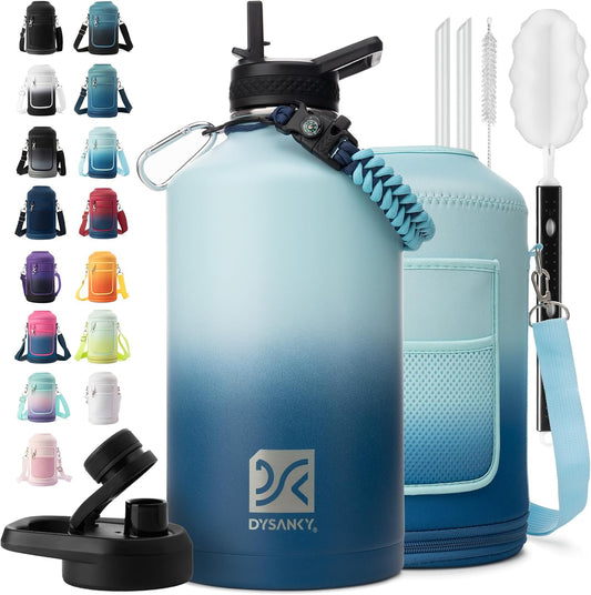 1 Gallon Water Bottle Insulated | Thickened Stainless Steel Vacuum Metal Water Jug | Portable Sports Large for Gym and Hiking with Straw, Carrier Bag, Handle Strap | BPA-Free 128 oz