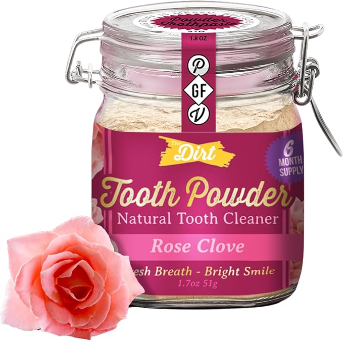 The Dirt - Remineralizing Tooth Powder, Natural Fluoride-Free Teeth Whitening Powder with Hydroxyapatite, Flouride & Gluten Free, Organic Vegan (Rose Clove, 51g: 6 Month Supply)