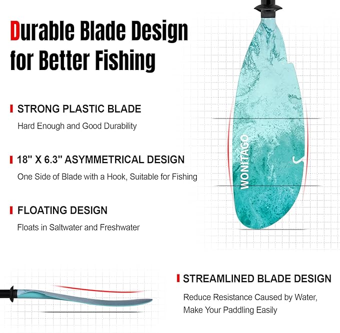 Angler Kayak Paddles Aluminum Paddle with Plastic Blades and Paddle Leash, Floating Adjustable Fishing Kayak Oars, 3 Piece, 230-250cm/90-98 inch