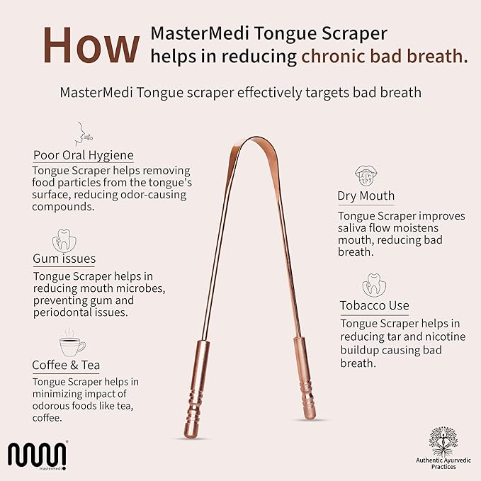 MasterMedi Pure Copper Tongue Scraper for Adults, Tongue Scrubber for Bad Breath, Easy to Use, Tongue Cleaner for Oral Care & Hygiene (Copper Pack of 3)