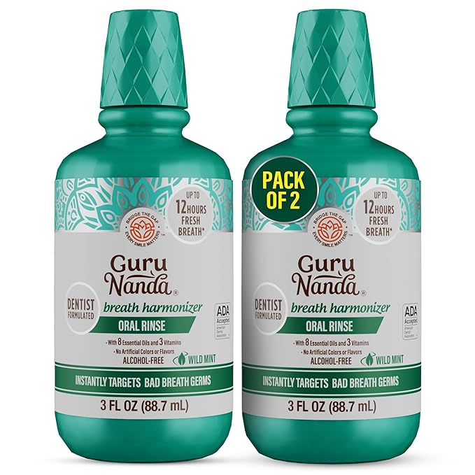 GuruNanda Fresh Breath Mouthwash, ADA-Accepted, Alcohol & Fluoride-Free, Sodium Chlorite, Essential Oils & Vitamins, 12-Hrs Fresh Breath, Wild Mint, 3 oz (Pack of 2)