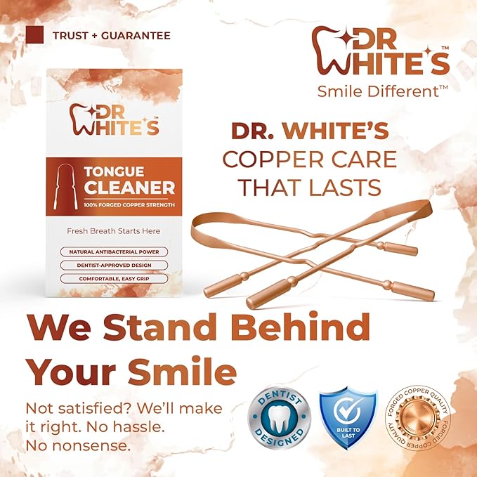 Dr. White’s Copper Tongue Cleaner – Dentist-Formulated Dual-Grip Design for Fresh Breath & Everyday Oral Detox – 100% Forged Copper, For Adults & Kids, Rust-Resistant, Built to Last (3-Pack)
