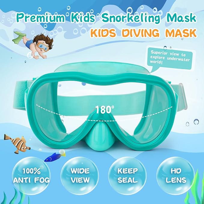 Kids Swim Goggles 180° Snorkel Diving Mask with Nose Cover, Anti-Fog Kids Swimming Goggles with Elastic Fabric Strap for Kids Boys Girls