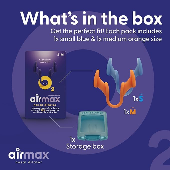 Air Max Nasal Dilators Trial Pack - Anti Snoring Devices - 76% More Airflow for Better Breathing & Against Nasal Congestion - Guaranteed Fit (1x Small & 1x Medium) - Reusable