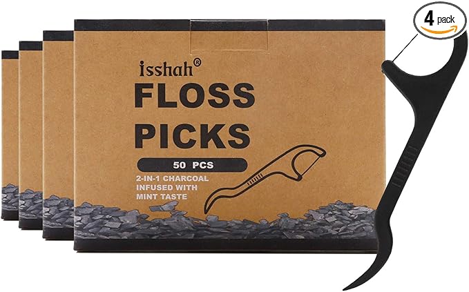 Natural Dental Floss Picks - 200 Count - PETA Approved, BPA Free, Vegan, Sustainable, Eco Friendly, Natural Dental Flossers by Isshah (Charcoal)