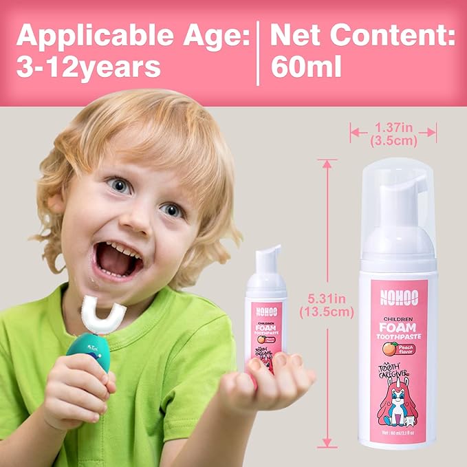 NOHOO Fluoride Free Foam Toothpaste Kids Fruit Flavour,Natural Training Toothpaste for Baby Toddler Children Oral Cleaning and Cavity Protection(Orange + Peach)
