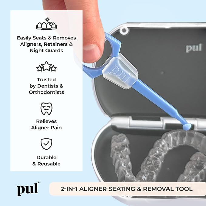 PUL Aligner Care Convenience Kit – Case + 2-in-1 Tool for Invisalign, Retainers, Partial Dentures, Mouth & Night Guards & More – White Case & 2-Pack of White Aligner Seating Chewie & Removal Tool