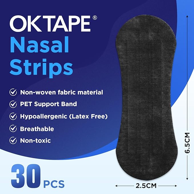 OK TAPE Nose Strips for Breathing and Snoring, 30Pcs Black, Nasal Strips for Snoring and Running, Performance Boost Snoring Solution, Help Relief Nasal Congestion and Reduce Snoring