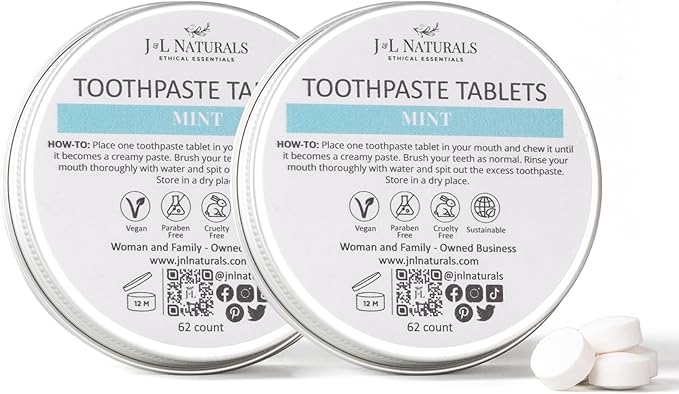J&L Naturals Toothpaste Tablets | 62-Pack Travel-Friendly Toothpaste | Fluoride + Plastic Free, Vegan, Cruelty Free, Sustainable | Woman-Owned Small Business (Mint, 62 Count (Pack of 2))