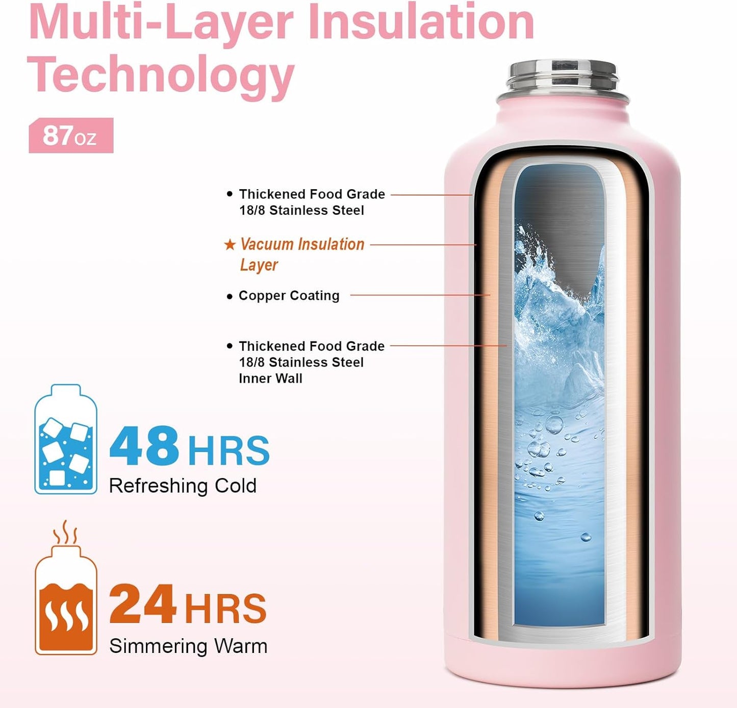 Insulated Water Bottle | Thickened Stainless Steel for Gym and Hiking with Straw, Carrier Bag, Handle Strap | BPA-Free 87 oz