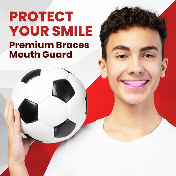 SafeGrin Pink Mouth Guard for Braces for Sports - Premium Silicone Teens & Youth Upper & Lower Teeth Protection for Sports - Football, Lacrosse, Hockey, Baseball
