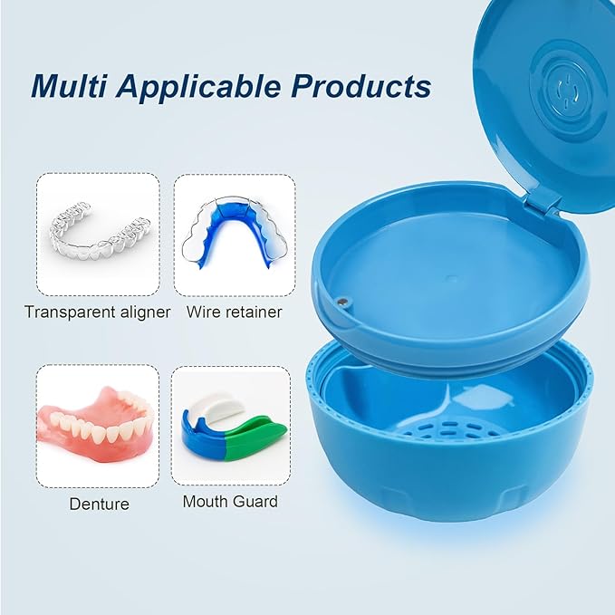 Retainer Cleaner Case,Double Layer No-Leak Denture Cup for Soaking Dentures, Denture Bath for Aligner,Retainers,Mouth Guard,Night Guard Solid Color (Blue)