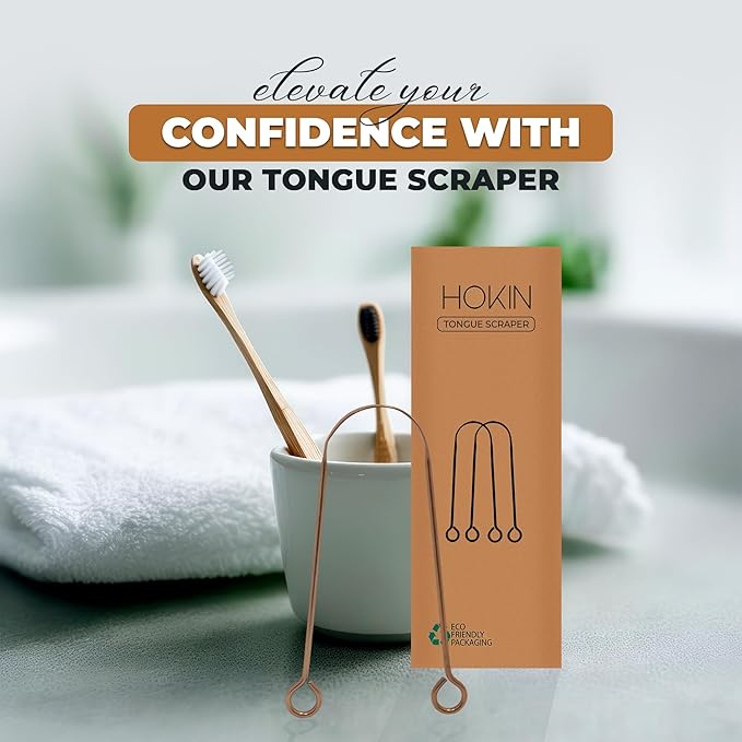 Tongue Scraper for Adults by HOKIN (Copper 2Pcs Oral Care Pack), Copper Tongue Cleaners Reduce Bad Breath, 100% Copper Tough Scrapers Men and Women Hygiene Product