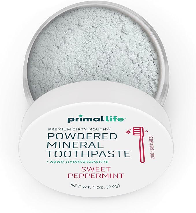 Primal Life Organics - Dirty Mouth Toothpowder, Tooth Cleaning Powder, Flavored Essential Oils with Natural Kaolin & Bentonite Clay, Good for 200+ Brushings, Organic, Vegan (Sweet Peppermint, 1 oz)