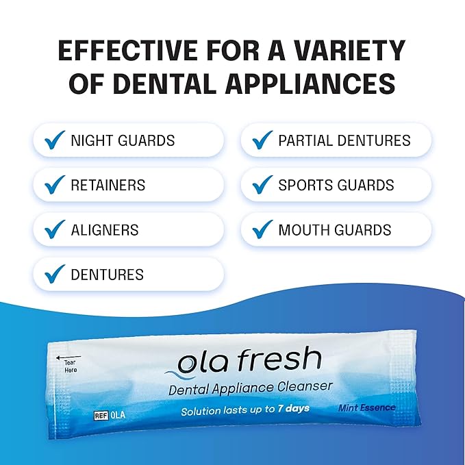 Ola Fresh Dental Appliance Cleanser, Professional Denture and Retainer Powder Cleanser (Mint Essence Flavor, 24 Packets, 3 Month Supply)