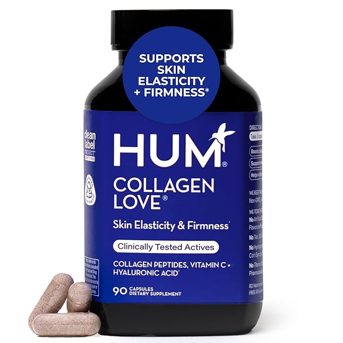 HUM Collagen Love Skin Supplement - Collagen Peptides w/Hyaluronic Acid & Vitamin C, Supports Firm Skin & Helps Minimize Signs of Aging - Supplements for Women and Men (90-Count)