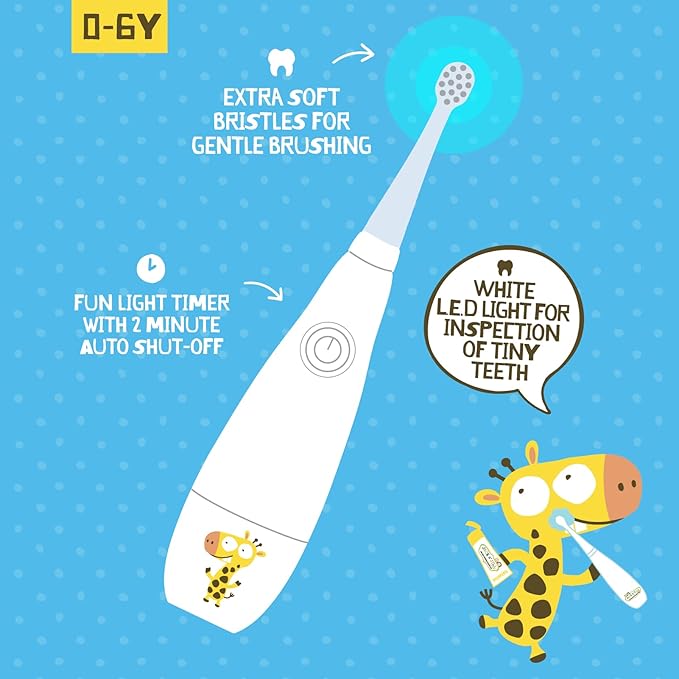 Jack N' Jill Tickle Tooth Sonic Electric Toothbrush with Replacement Head - Gentle Cleaning, Made for Tiny Teeth, LED Inspection Light, for Babies & Kids, Extra Soft Bristles - (1 Pack)