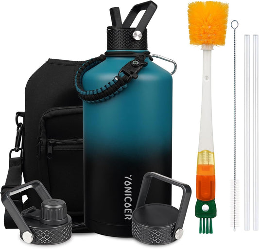 Insulated Water Bottle 64oz,Triple Wall Vacuum Stainless Steel(Dishwasher Safe),Leak Proof & Non-BPA,Flask Jug with Paracord Handle & Straw Spout Lids Sports