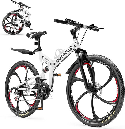26 Inch Folding Mountain Bike, 21 Speed Full Suspension Bicycle with High-Carbon Steel, Dual Disc Brake Non-Slip Quick Release tire Folding Bicycle for Adults/Men/Women