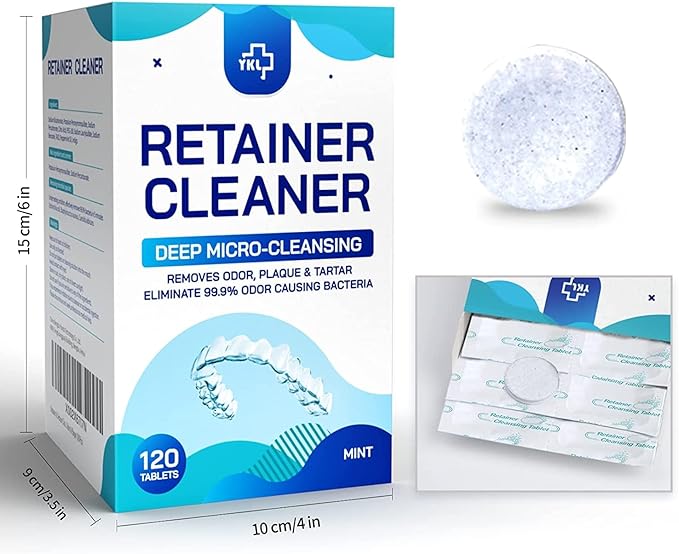 Y-Kelin Retainer and Denture Cleaner 120 Tablets for 4 Months Removes Stains Plaque Odors for Dentures Retainers Mouth Guard and Removable Dental Appliances (120 PCS, Mint)