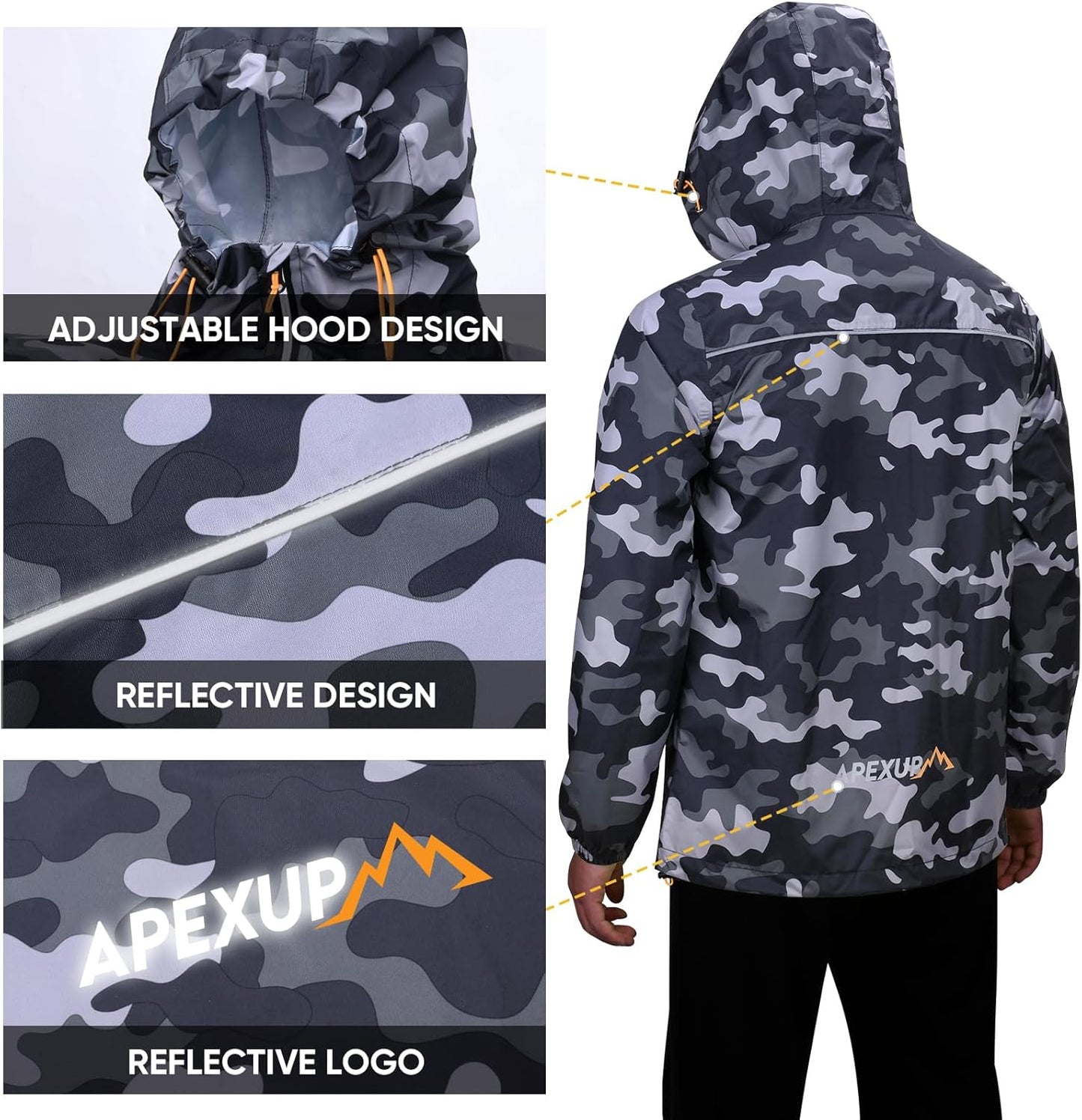 APEXUP Packable Rain Jacket Men with Reflective Zipper, Lightweight Waterproof Raincoat, Mens Rain Jacket for Outdoor Sports