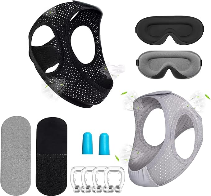 Chin Strap for Sleeping User, Anti Snoring Chin Strap to Keep Mouth Closed, Airflow Jaw Strap for Sleep Apnea, Snoring Cpap Chin Straps for Men Women with Eyeshade, Nasal Strips and Earplugs