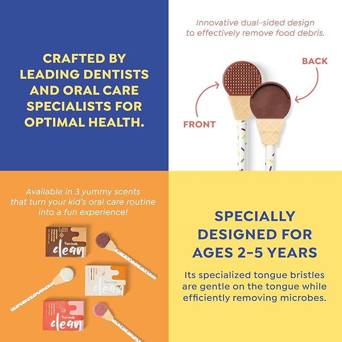 SuperMouth® Single Scoop Tongue Scraper for Toddlers & Kids Ages 2-5 – Dual-Sided Brush & Scraper Removes Odor-Causing Buildup, Fights Bad Breath, Gentle Easy-Grip Design, 3 Scents, Early Oral Care