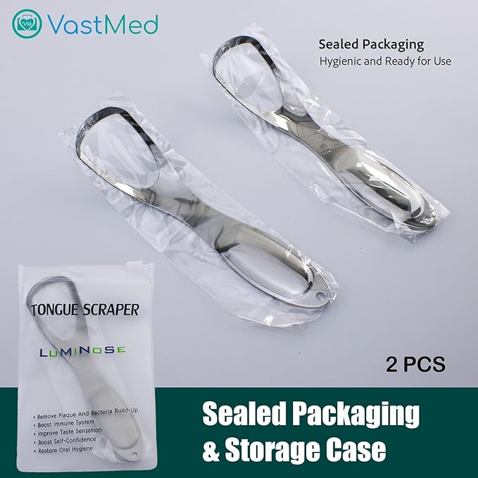 2 PCs Medical Grade Tongue Scraper by Vastmed | Stainless Steel Tongue Cleaner, Metal Tongue Scraper with Travel Bag | Tongue Scrubber for Bad Breath, Boost Oral Hygiene