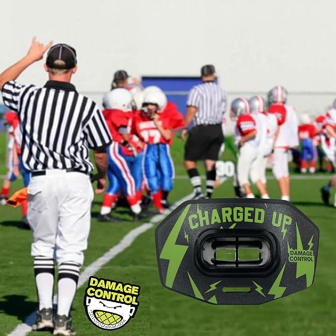 DAMAGE CONTROL Youth Football Mouth Guard – Breathable No Boil Mouthpiece, Protects Lips & Teeth, Works with Braces, Includes Helmet Strap – Sports Gear & Accessories (Charged Up)
