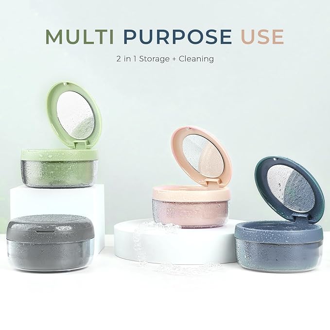 Denture Case, Leak Proof Denture Bath Cup, Denture Soaking Container Cups for Dentures, Retainers, Mouth Guard Storage Case, Full & Partial Denture Cleaning Holder Box with Strainer, Pink