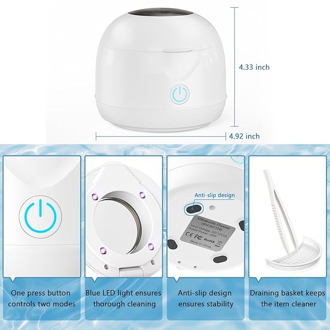 Ultrasonic Retainer Cleaner Machine 45kHz 200ml Portable Ultra Sonic Retainer Cleaner for Dental Retainer Mouth Guards Aligner Night Guard Braces Toothbrush Jewelry