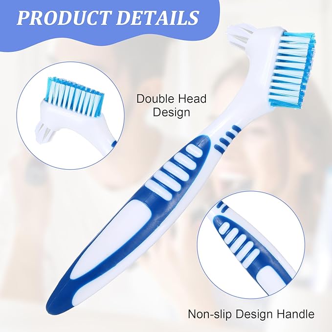 2Pcs Denture Brush, Denture Cleaning Brush Set with White Carrying Case Denture Toothbrushes with Multi-Layered Soft Bristles and Rubber Anti-Slip Handle (Blue + Orange)
