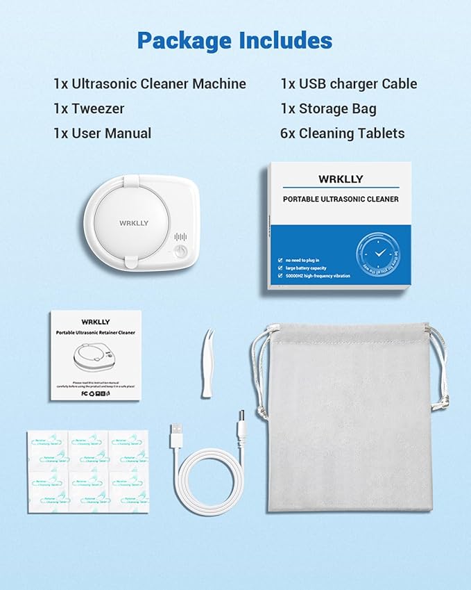 Rechargeable Ultrasonic Retainer Cleaner Machine | 50kHz 1.9 inch Ultra-Thin Portable | Night Guard Aligners Jewelry |6pcs Cleaner Tablets Included | Quick & Deep Clean Modes | Oral Dental Care