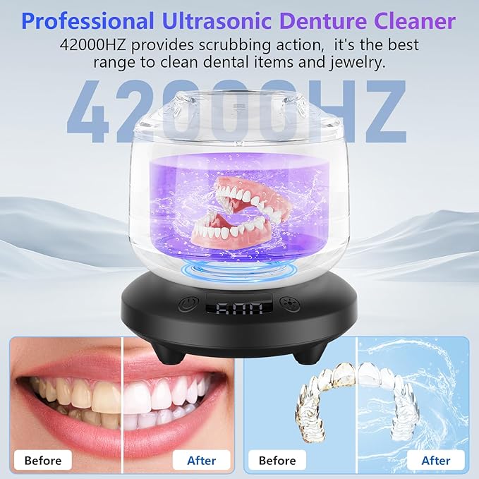 2025 Ultrasonic Retainer Cleaner for Dentures & Aligner, Durable Removable Base and Top Cover, Denture Cleaner Machine with 4 Modes for Mouth Guards, Jewelry, Rings, etc (Black)