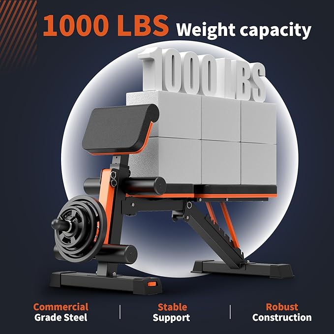 Adjustable Weight Bench, 1000LBS Heavy Duty Foldable Workout Bench with Leg Extension and Preacher Curl Pad, Flat/Incline/Decline for Home Gym Full Body Strength Training
