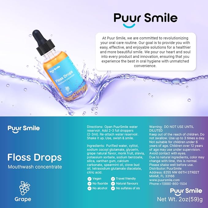 Concentrated Floss Drop Serum – 2oz Concentrated Mouth Wash to Use in Water Flosser | Natural Essentials Promotes Good Breath | Organic Drop Provides Good Oral Health (Grape Flavor)
