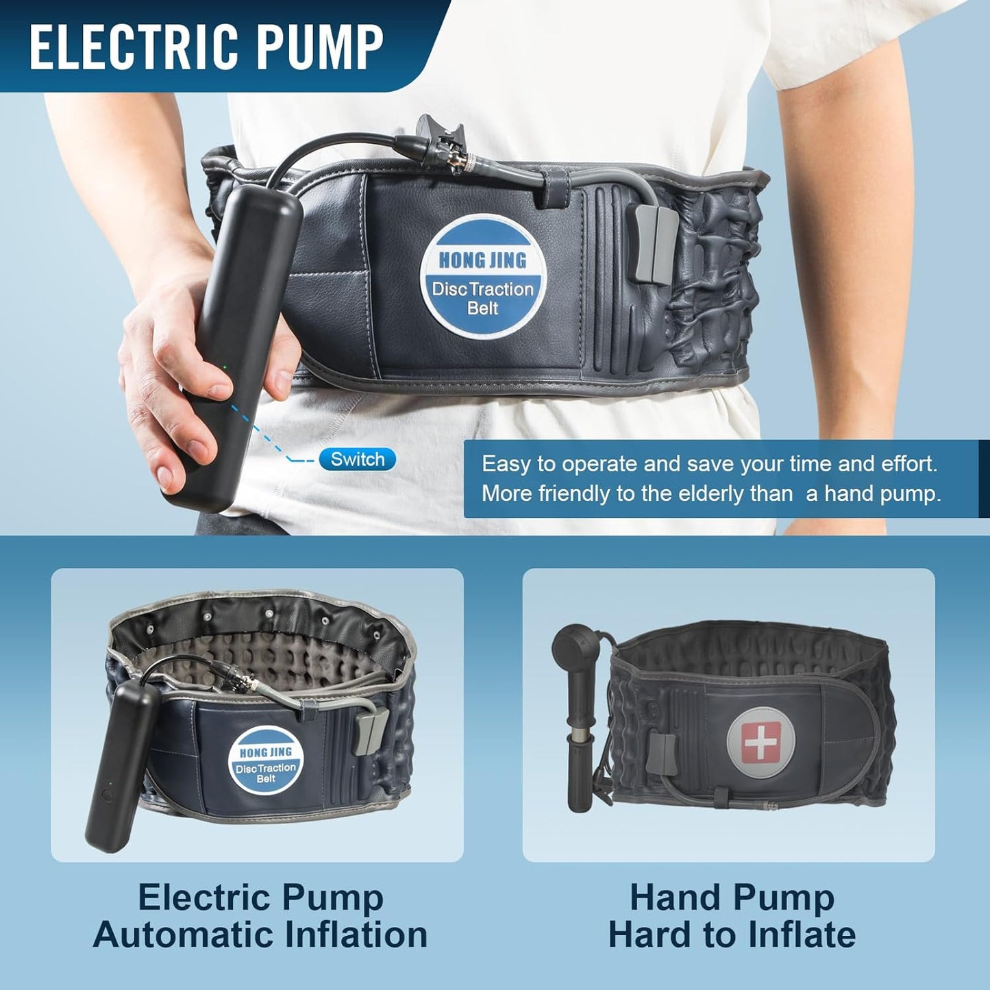 HONGJING Electric Pump Decompression Belt for Lower Back Pain Relief, Inflatable Back Reliever Lumbar Support Brace, One Size Fits 29-49 Waist