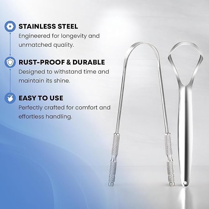 HOKIN Tongue Scraper for Adults with Travel Cases (2Pcs U & Spoon Combo Pack) - 100% Metal Tongue Cleaners, Tough Scrapers for Oral Hygiene